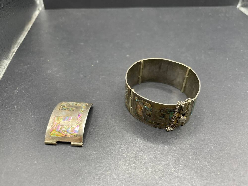 Vintage Mexican Silver Hinged Cuff Bracelet Abalone Inlay Greek Key Pattern